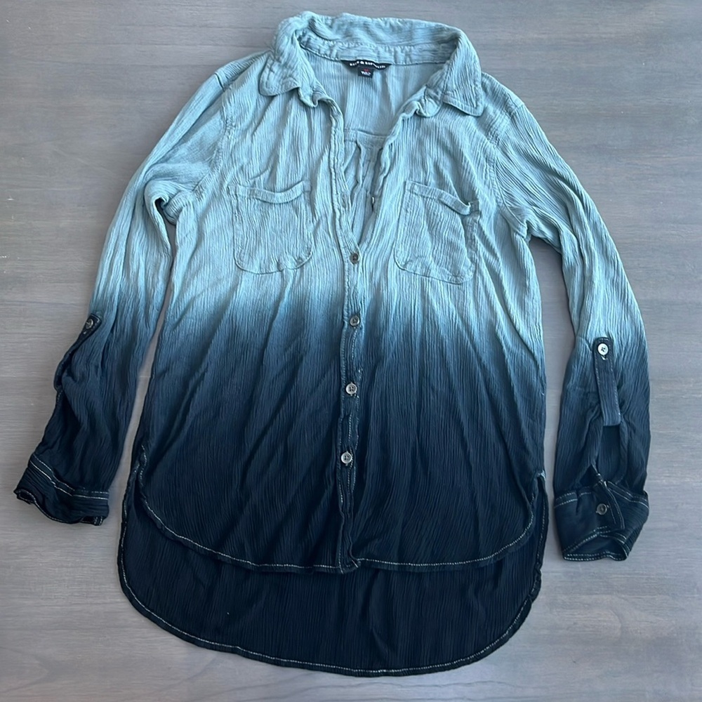 Rock & Republic Ombre Fade Long Sleeve Crinkle Blouse  Blue
